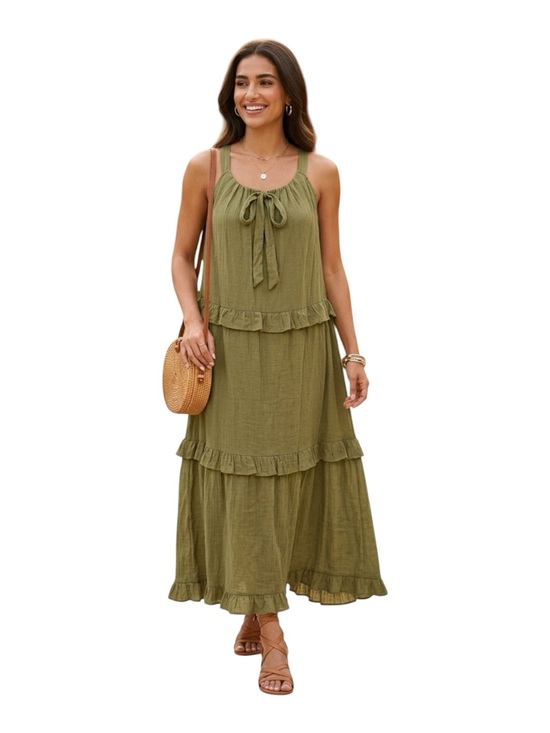 Emelia Dresses & Skirts - Emelia Olive Green Tiered Ruffle Maxi Dress Boho Sleeveless Size L